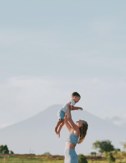 Cath and son Seth in Bali with volcano in background