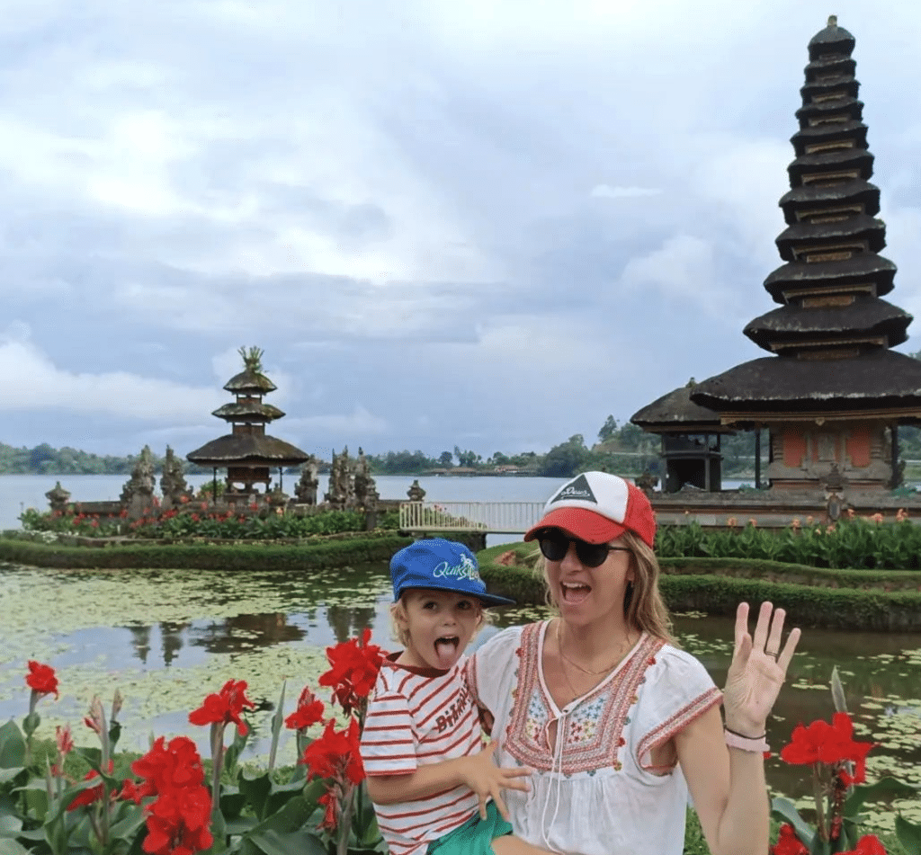 UK mum and son at water temple in Bali